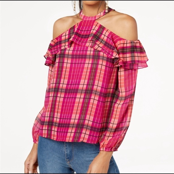 INC Ruffled plaid cold shoulder top. - Picture 1 of 5